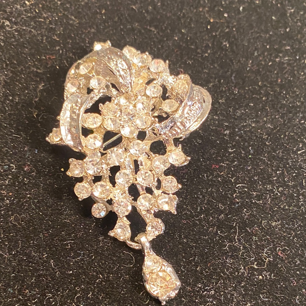 Silver Crystal Floral Cascade Brooch - Clear Sparkle Accent